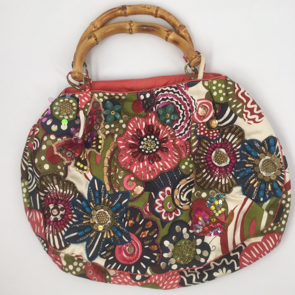 Accessorize Lg Boho Beaded Handbag W/Bamboo Handle